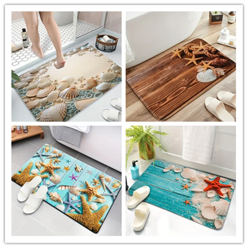 Coastal Beach Shell Print Bath Super Absorbent Shower Door Mats Non Slip Kitchen Entrance Rugs Diatom Mud Carpet for Home Decor