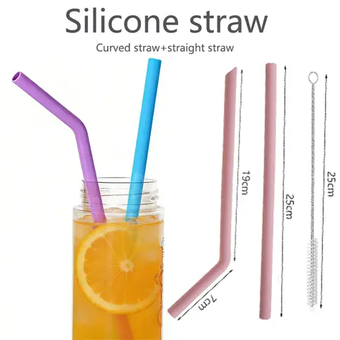 3-piece Set Reusable Silicone Straw Curved And Straight Straws Sending Straw Brush For Drinking Juice Milk Tea Drinks Cocktails