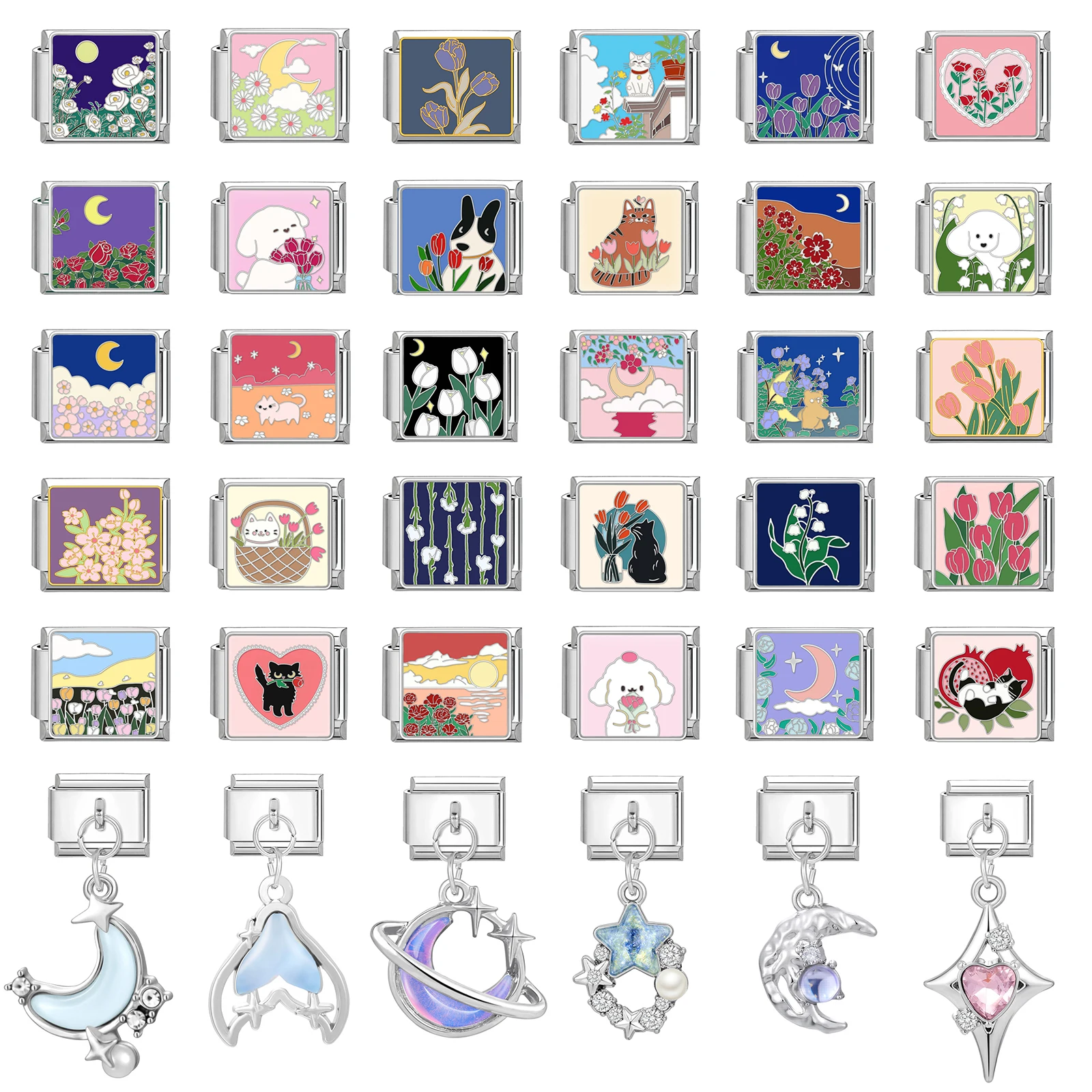 2025 Primavera Verano flores coloridas tulipán rosa gato Luna italiano encanto enlaces ajuste 9MM pulsera de acero inoxidable mujeres DIY fabricación