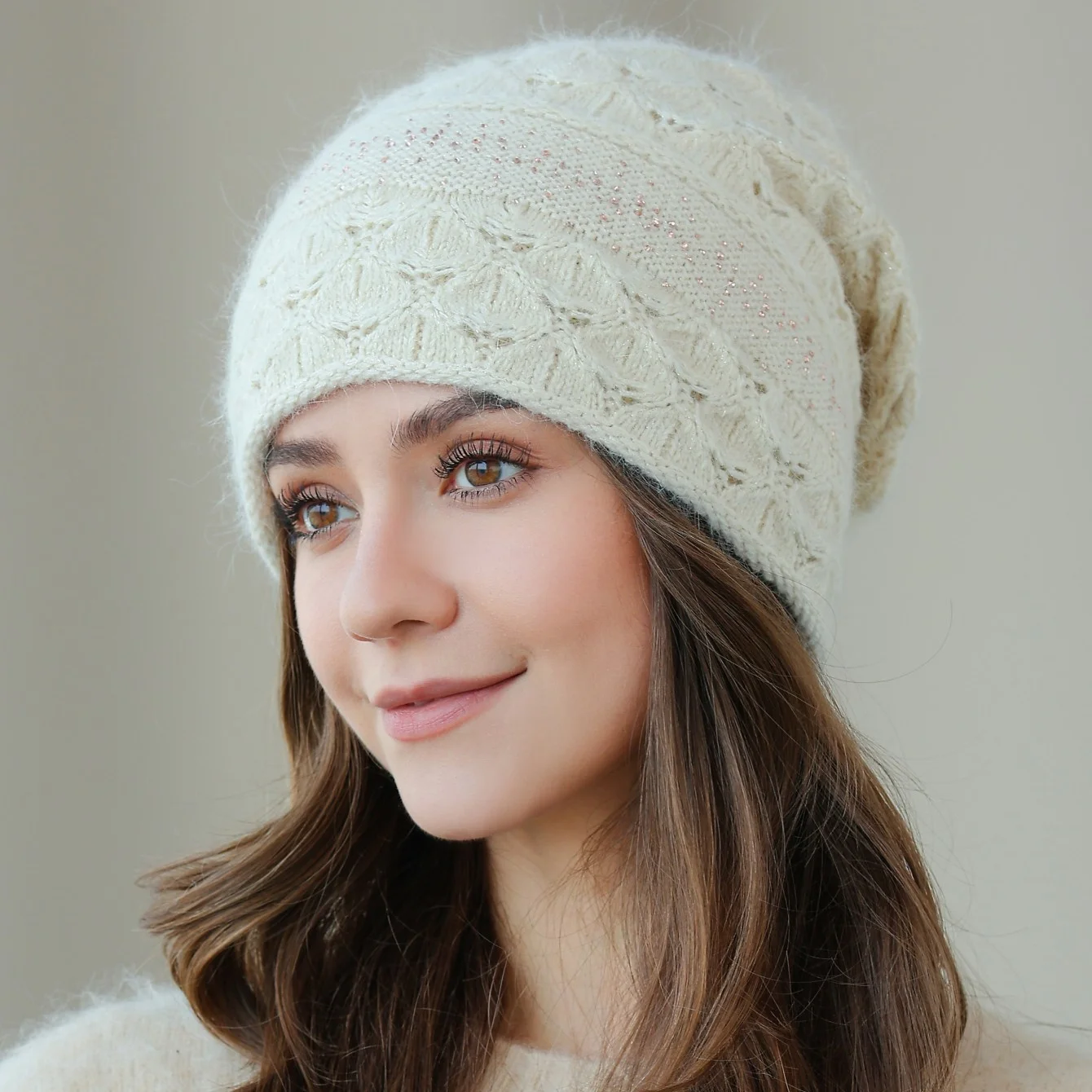 Hot Sale Slouchy Knit Beanie for Women, Rabbit Hair Blend Winter Hat with Delicate Rhinestone Accents & Openwork Pattern