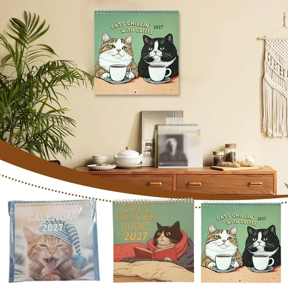 2027 Cats Chillin' With Coffee Wall Calendar 12‑Month Hanging Schedule Planner Cute Cat Art Pattern Family Organizer Home Office
