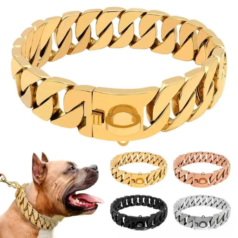 

New 32mm Stainless Steel Cast Gold Dog Collar Necklace Medium Large Accessories Bully Fighting Large Dog Titanium Steel Collar