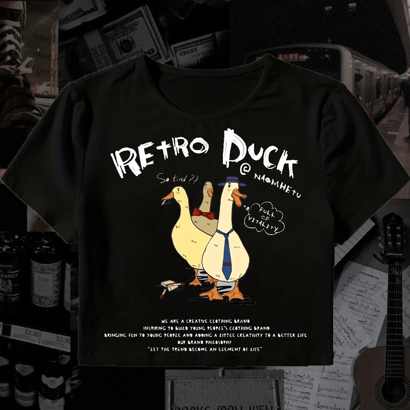 

Gothic Punk Baby Tee Vintage Street Women duck Graphics T-shirt Y2k Clothes Aesthetic Cute Slim Crop Top shirt Slim Goth clothes