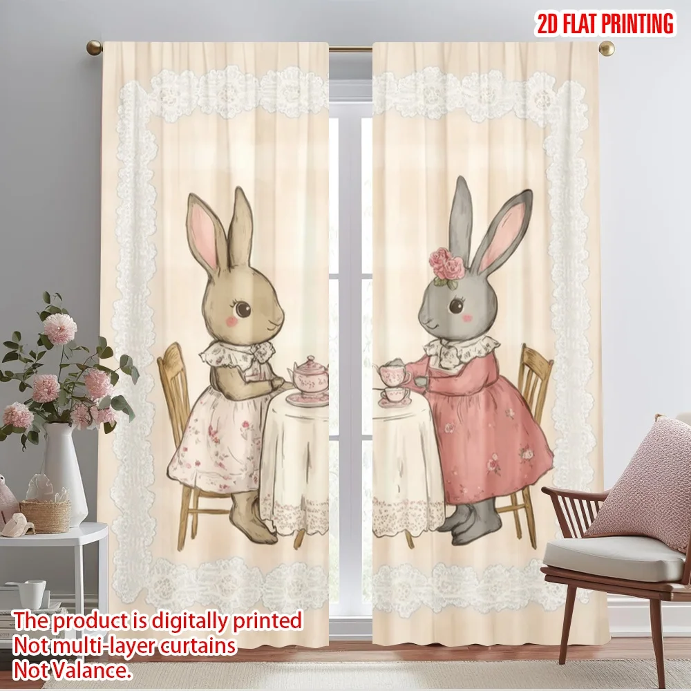 2pcs,2D plane printing Popular Curtain Panels Bunny Tea Party Polyester Easy Install (without rod) Home Decor Ldeal for Bedroom
