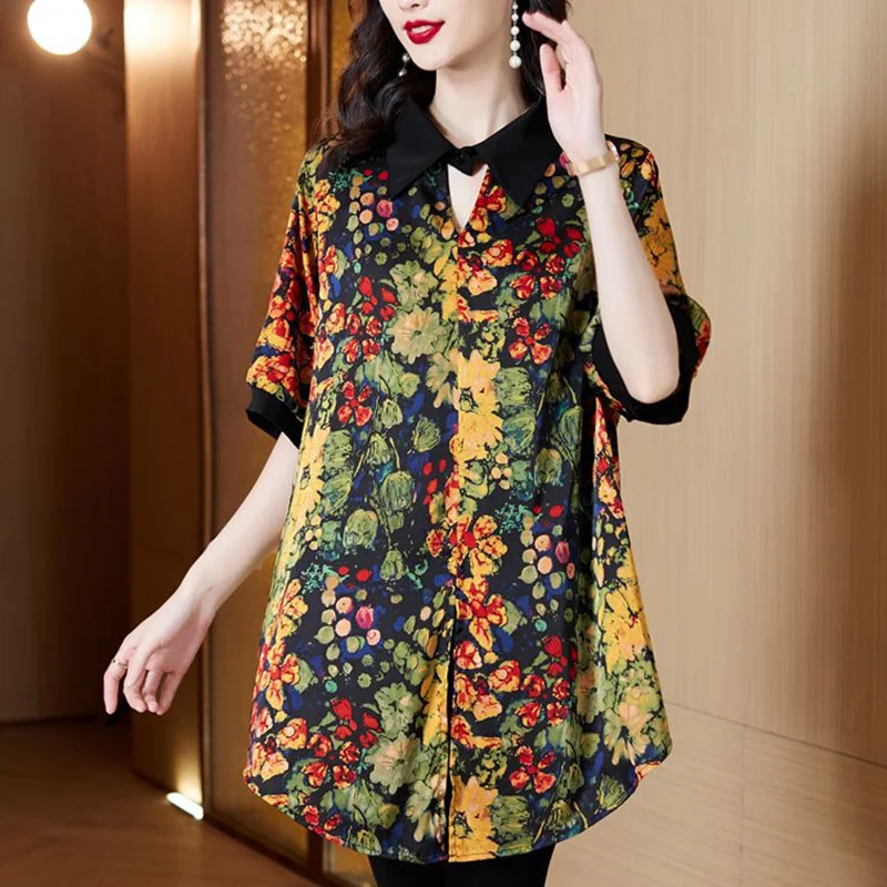 Vintage Printed Lapel All-match Loose Blouse Women Clothing 2023 Summer New Oversized Casual Pullovers Loose Office Lady Shirt