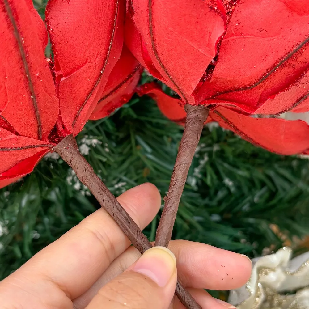 الأحمر بريق البونسيتة الزهور الاصطناعية شجرة عيد الميلاد الحلي ورد صناعي لحفل الزفاف شجرة عيد الميلاد السنة الجديدة إكليل الديكور #4