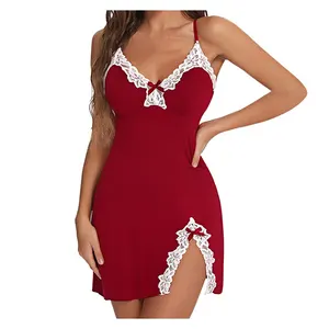 Mulheres Renda cetim de seda Pijamas, camisola gola v, Split Hem, Lingerie macia, vestido de noite sem mangas, roupas femininas, roupas sexy 11 principais vendas dama da noite vestido - №2