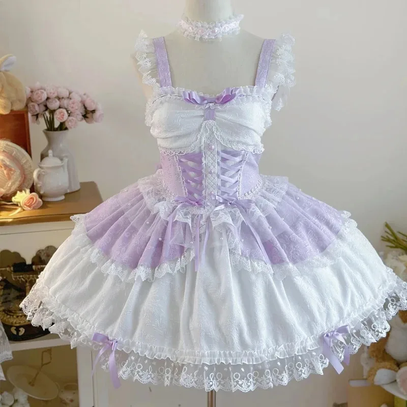 Japanese Sweet Lolita Jsk Dress 2025 Elegant Ruffles Lace Bandage Princess Strap Dresses Girls Y2k Kawaii Tea Party Mini Dress