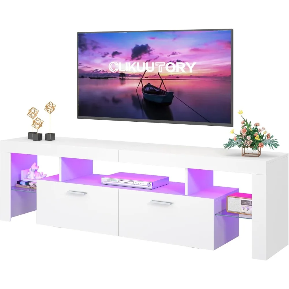 Clikuutory Modern TV Stand for 50-75 Inch TVs with 63 Inch Length and Large Storage Drawer, featuring 20 Color LED Lights