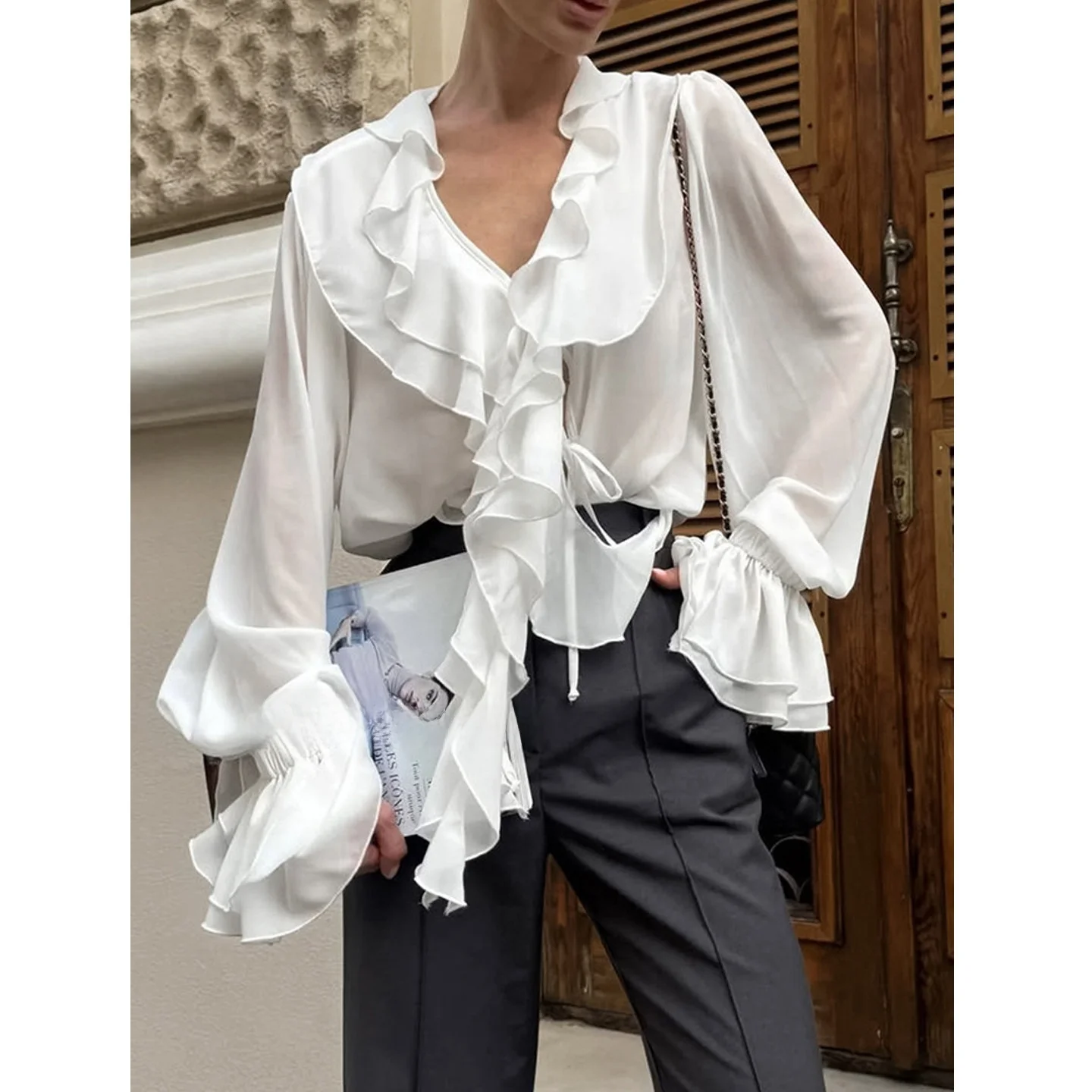 

Fashionable Ruffled Lace up Shirt Long Sleeve V-Neck Design Sensation Pleated Hemline French Style Loose Fit Polyester Material