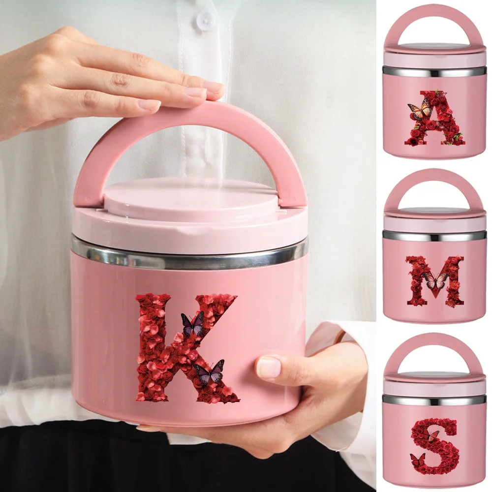 

Термос-кружка для супа, изолированная, для детей и взрослых, портативный ланч-бокс для кемпинга и пикника, серия с красными розами и буквами, бенто-бокс, унисекс