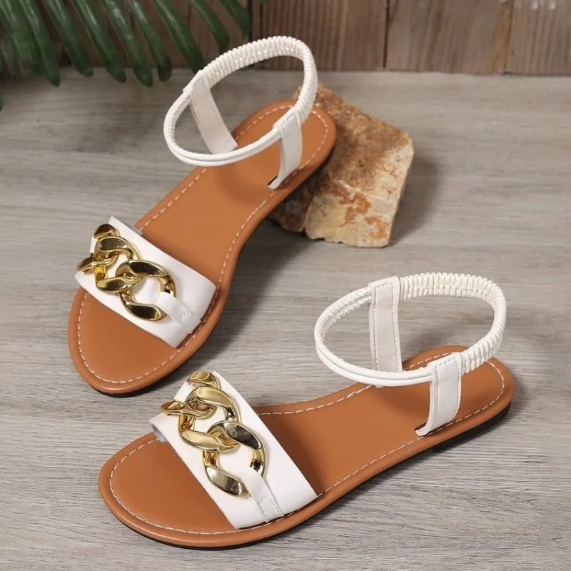 Women Gold Chain Decor Flat Sandals Elastic Ankle Strap Open Toe PU Leather Summer Casual Beach Daily Walking Footwear