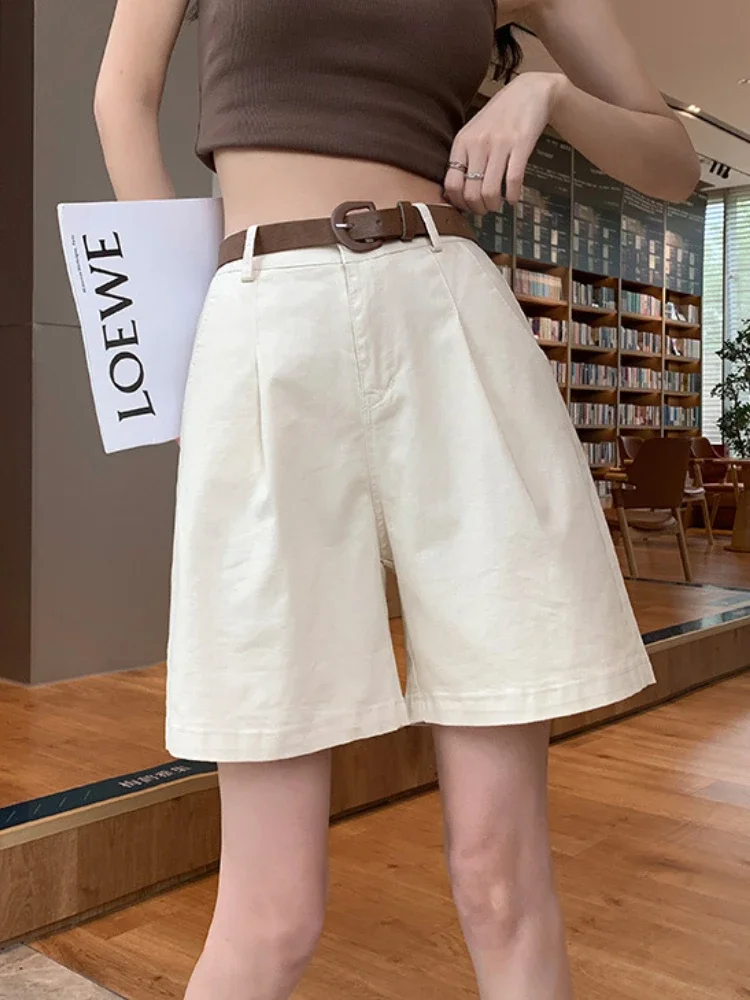 Korean Casual Buttons Bermuda Short Women Summer Women's Wide Leg Shorts High Waist Loose Straight Suit Short Pants with Belt