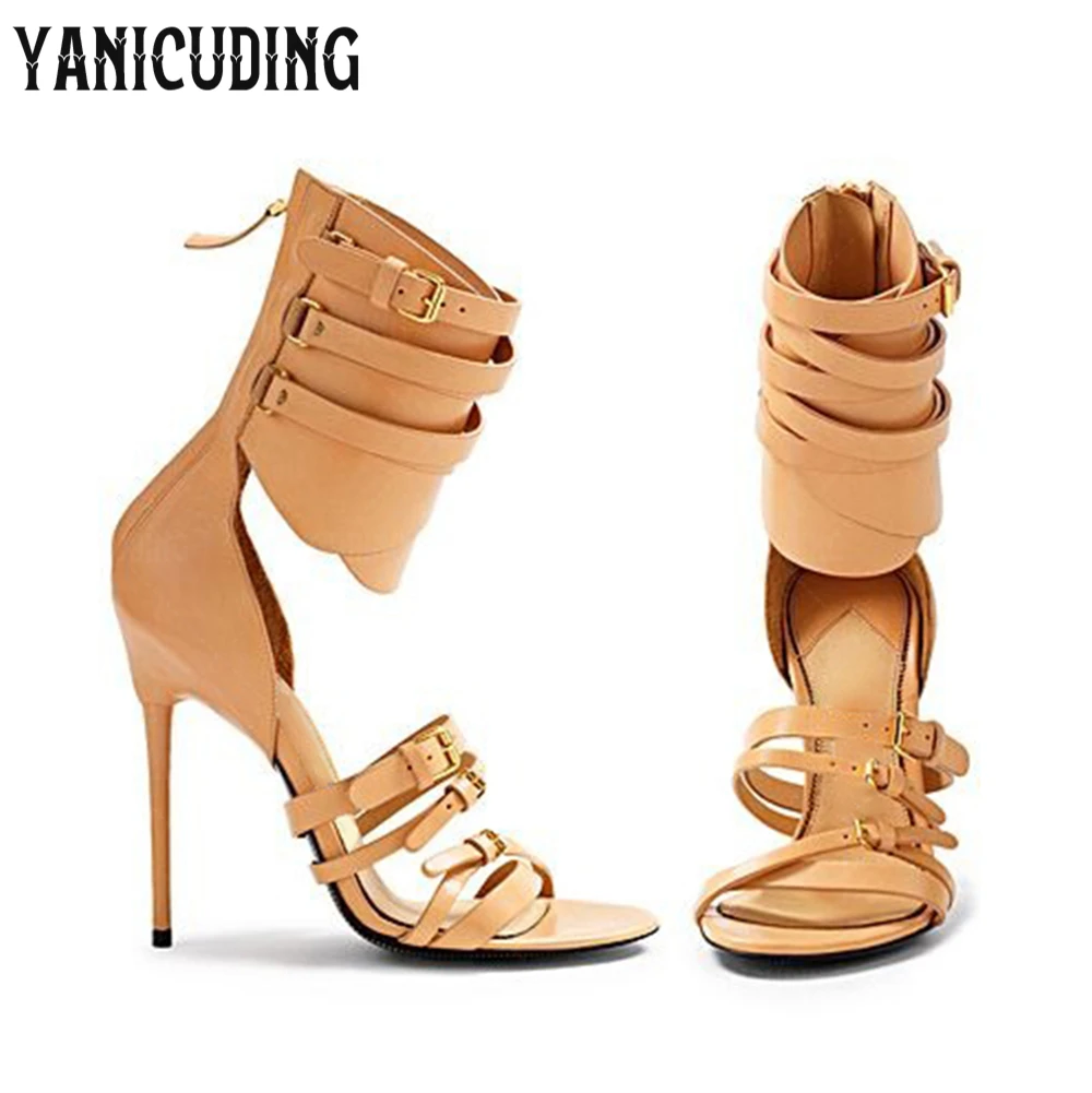 Luxury Gladiator Stiletto Sandals Multi-strap Buckle Design Summer Shoes Black Patent Leather Triple Buckle Ankle Cuff Sandals