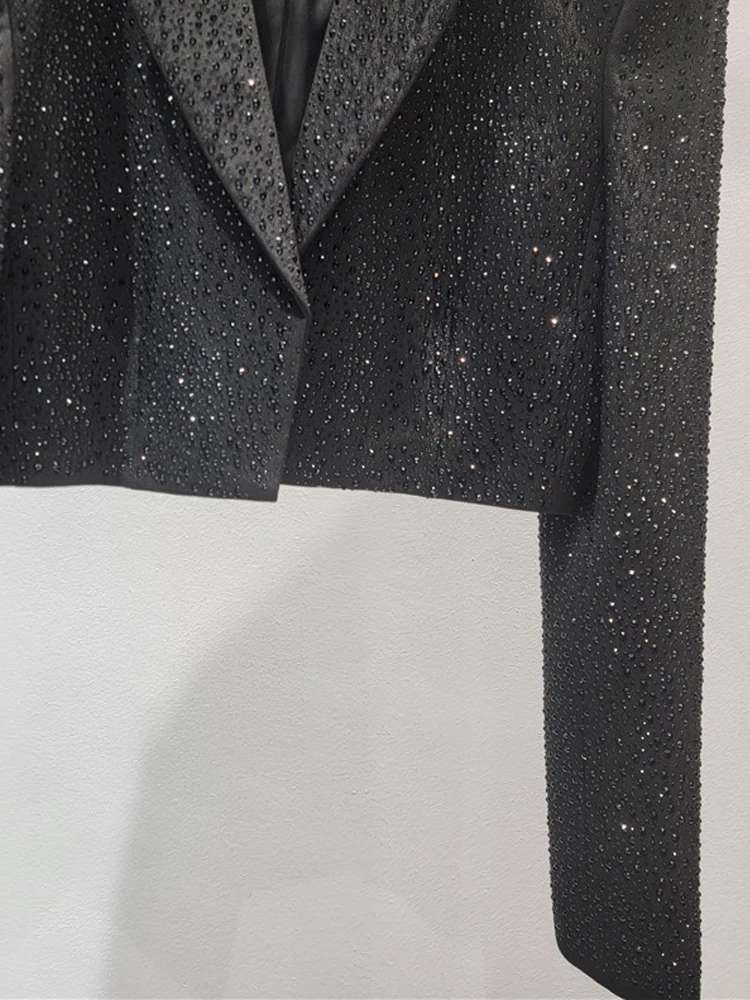 High street Black Rhinestone blazer for women 2026 Spring summer Luxury Notched collar crop jacket Fashion Outwear INKEO 6O005