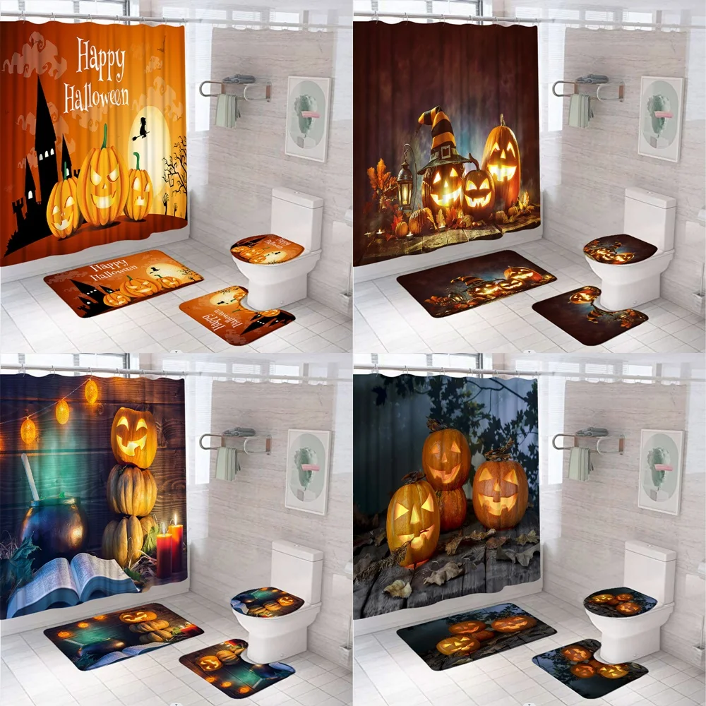 

4Pcs Halloween Pumpkin Witch Bathroom Shower Curtain Set Autumn Harvest Leaves Non-Slip Soft Rug Toilet Lid Cover Bath Mat Home