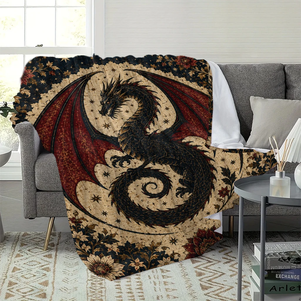 Vintage Gothic Dragon Moon Star Floral Throw Blanket Medieval Mythical Creature Tapestry Wall Hanging Aesthetic Polyester Home D