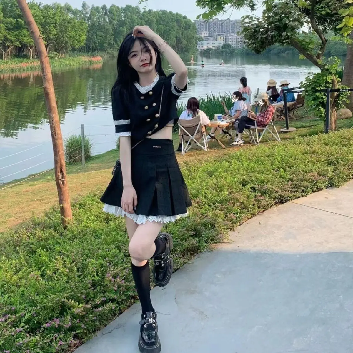 

College Style Two-Piece Set Double-Breasted Pure Desire Short-Sleeved Top High Waist Pleated A-Line Short Skirt Summer New Suit