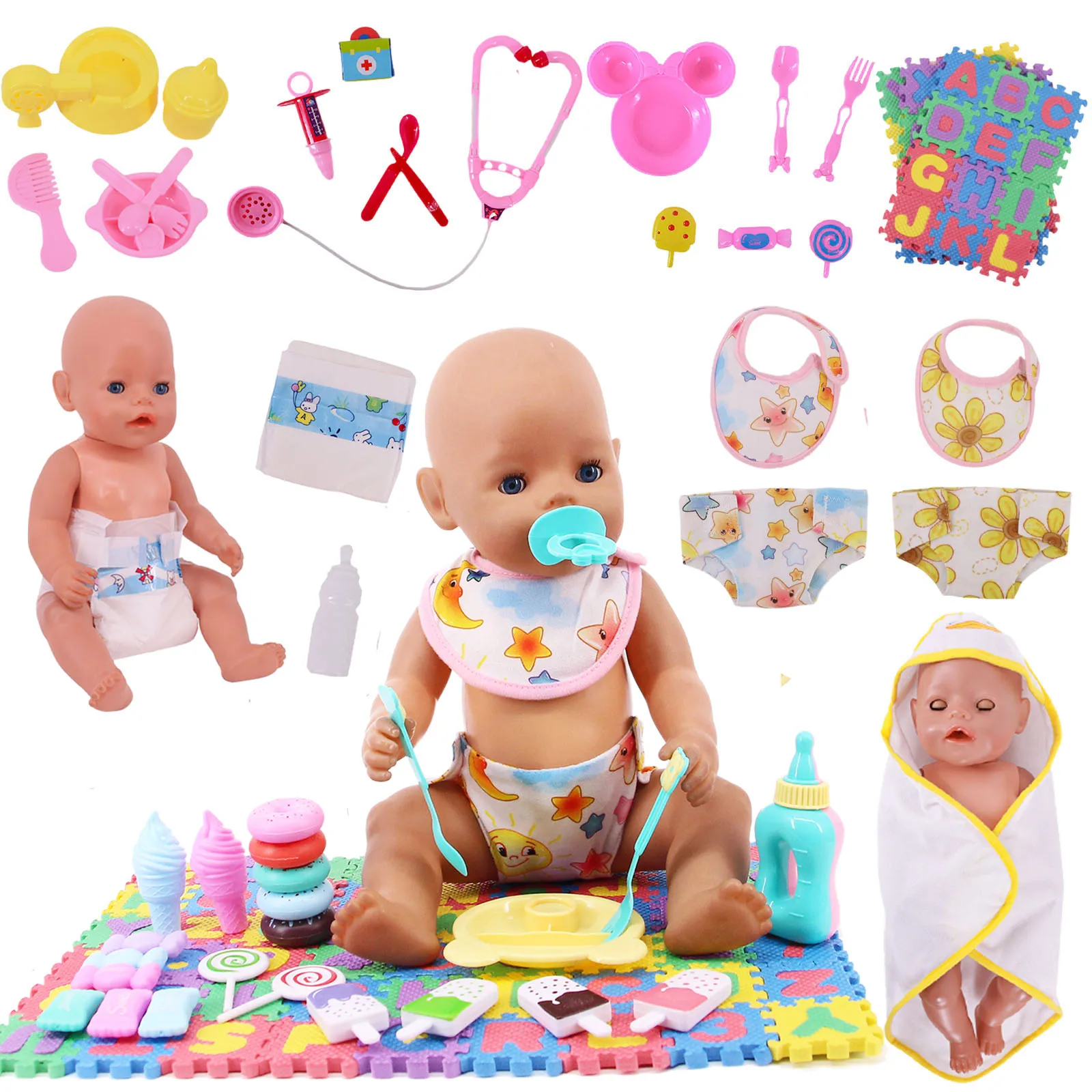 Doll Toy Set = Saliva Towel Set+Letter Pad+Bottle Set + Food Toy For 18 Inch American&43Cm Baby New Born Doll Our Generation