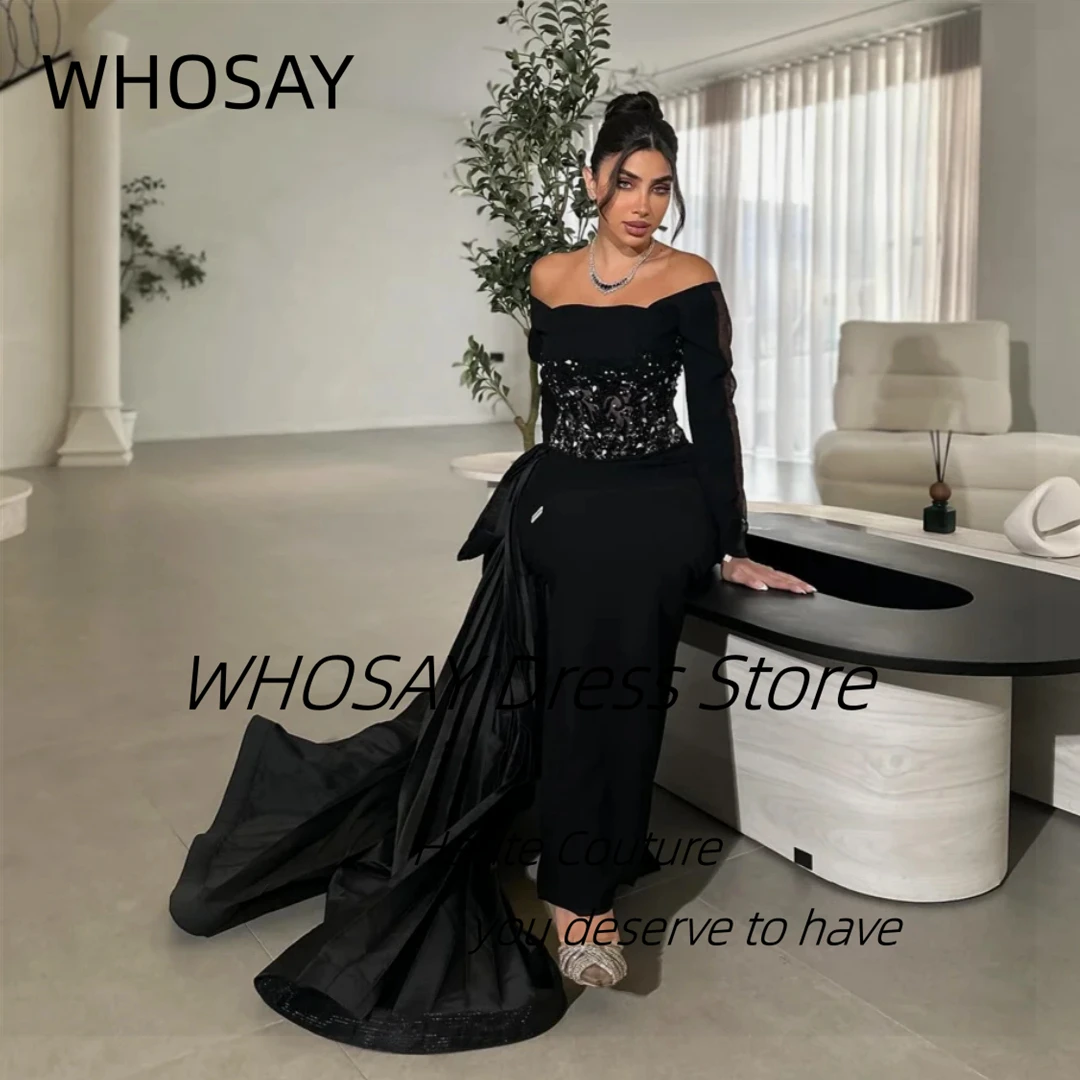 

WHOSAY Черные платья для выпускного вечера длиной до щиколотки Индивидуальные вечерние платья с открытыми плечами и длинными рукавами из бисера Вечернее платье со шлейфом