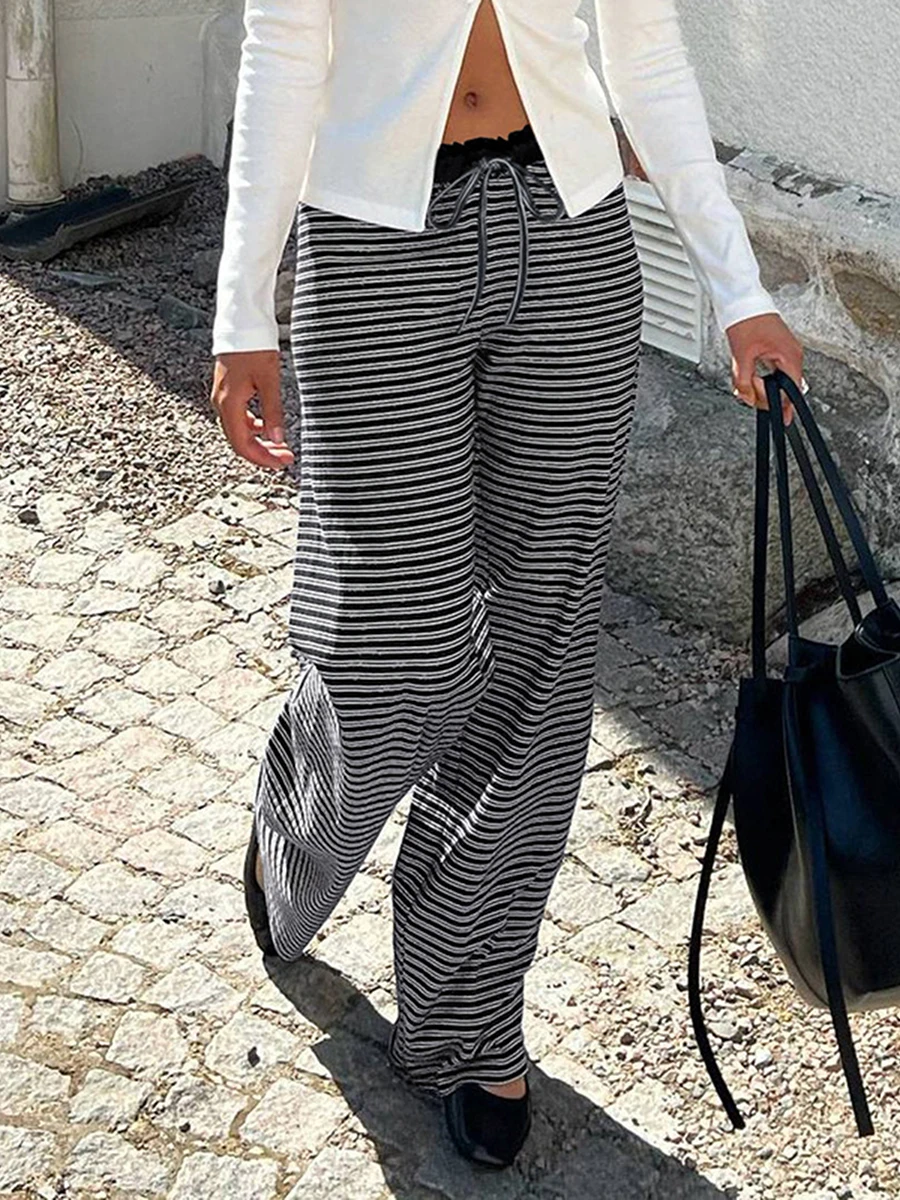 Женские вязаные брюки в полоску с эластичным шнурком на талии, свободные прямые брюки, уличная одежда
