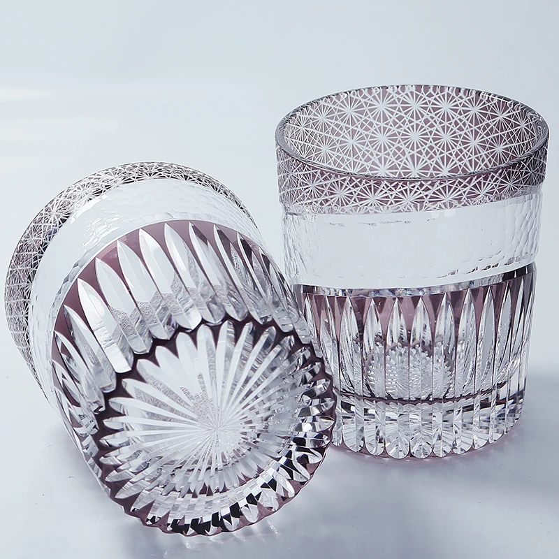 New Purple Cased Crystal Glass Tumbler Edo Kiriko Whiskey Rock Glass Cup Purple Hand Cut Chrysanthemum Deep Orgue Bevel Design