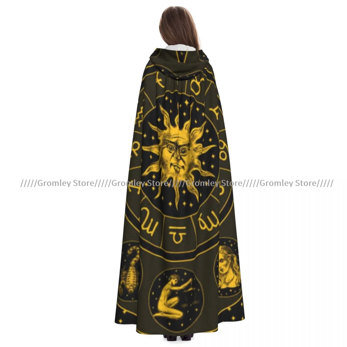 Adult Zodiac Wheel Astrology Horoscope Cloak Cape Hooded Medieval Costume Witch Wicca Vampire Halloween Costume Dress Coat