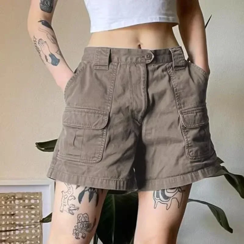 y2k Grey Shorts Pockets Harajuku Prepply Vintage High Waisted Pants Women Basic Casual Grey Summer Shorts Homewear New