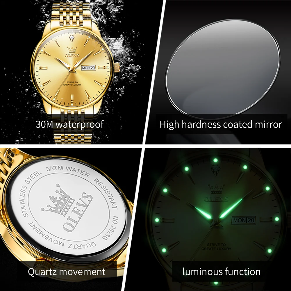 Olevs Luxe Topmerk Heren Quartz Horloges Klassiek Origineel Horloge Voor Heren Zakelijk Mode Waterdicht Goud Heren Polshorloge + Doos