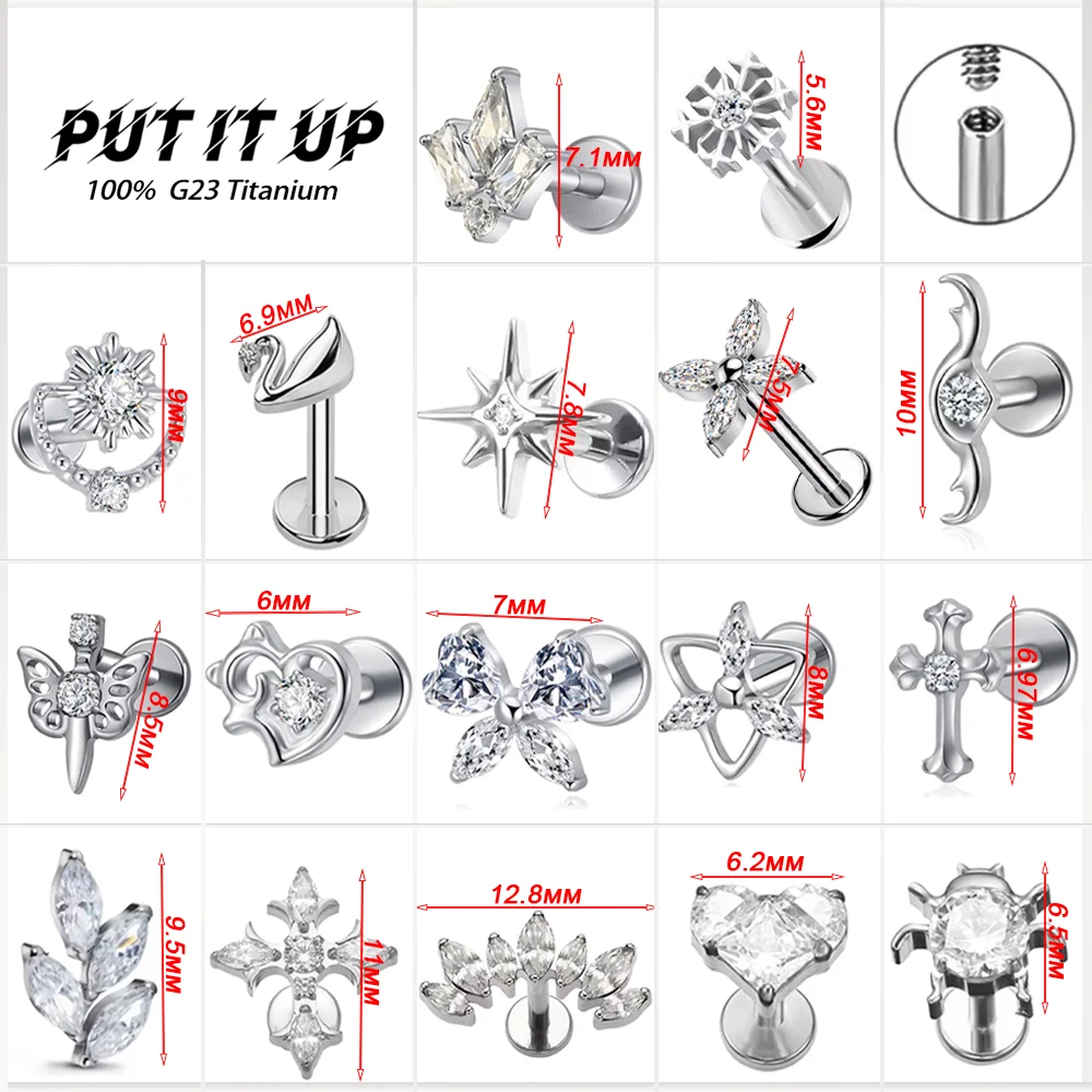 PUTITUP F136 Titanium Alloy White Zirconia Stud Earring Set Suitable for Fashionable Men and Women Cartilage Piercing Jewelry
