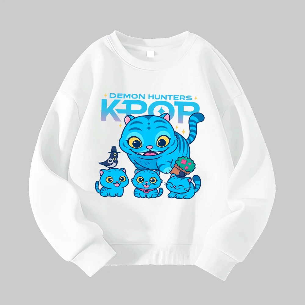 شيطان الصيادين Kpop الأزرق القط الأسرة الجرافيك البلوز لطيف هريرة الطيور الزهرية المطبوعة عارضة السترة أزياء للجنسين