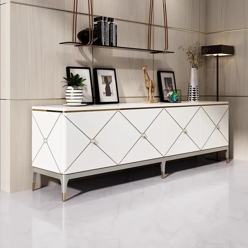 TV cabinet ivory white piano paint villa living room storage solid wood floor cabinet
