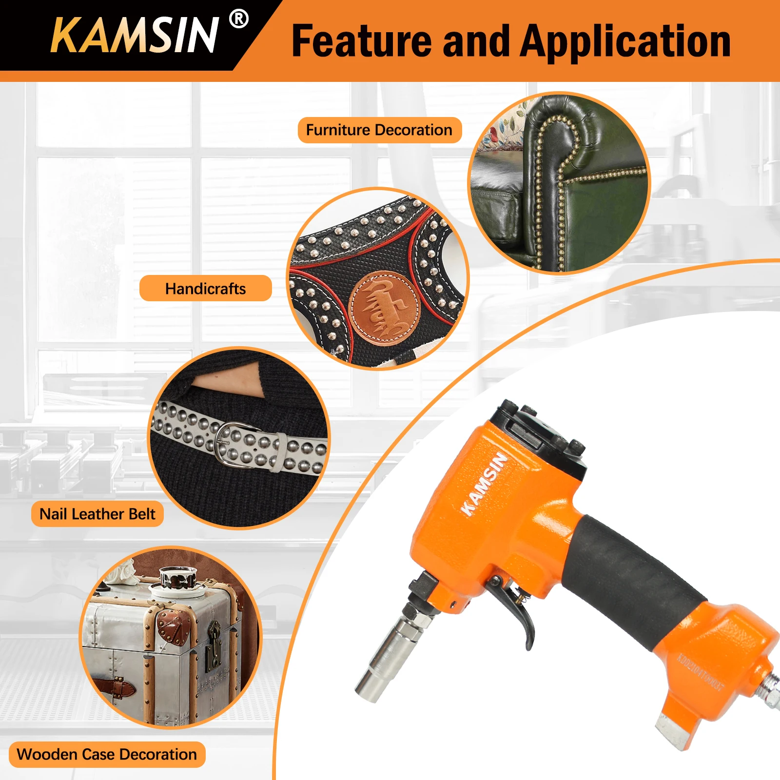 KAMSIN Pneumatic Decorative Pin Nailer , Open Box, 1170 & 1620 & 2030, Finish Upholstery Tacks Stapler for Furniture