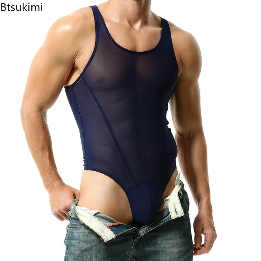 2025 Men's Sheer Tights Sexy Briefs Jumpsuit Thong Mesh Waistcoat Underwear Round Neck Soft Breathable Club Party Onesie for Men