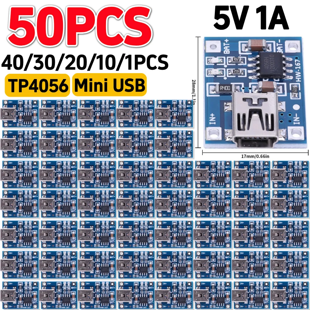 1–50 Stück 5 V 1 A TP4056 Mini-USB-Lithium-Batterie-Lademodul, Lithium-Batterie-Ladegerät-Modul mit Licht für Lithium-Batterien