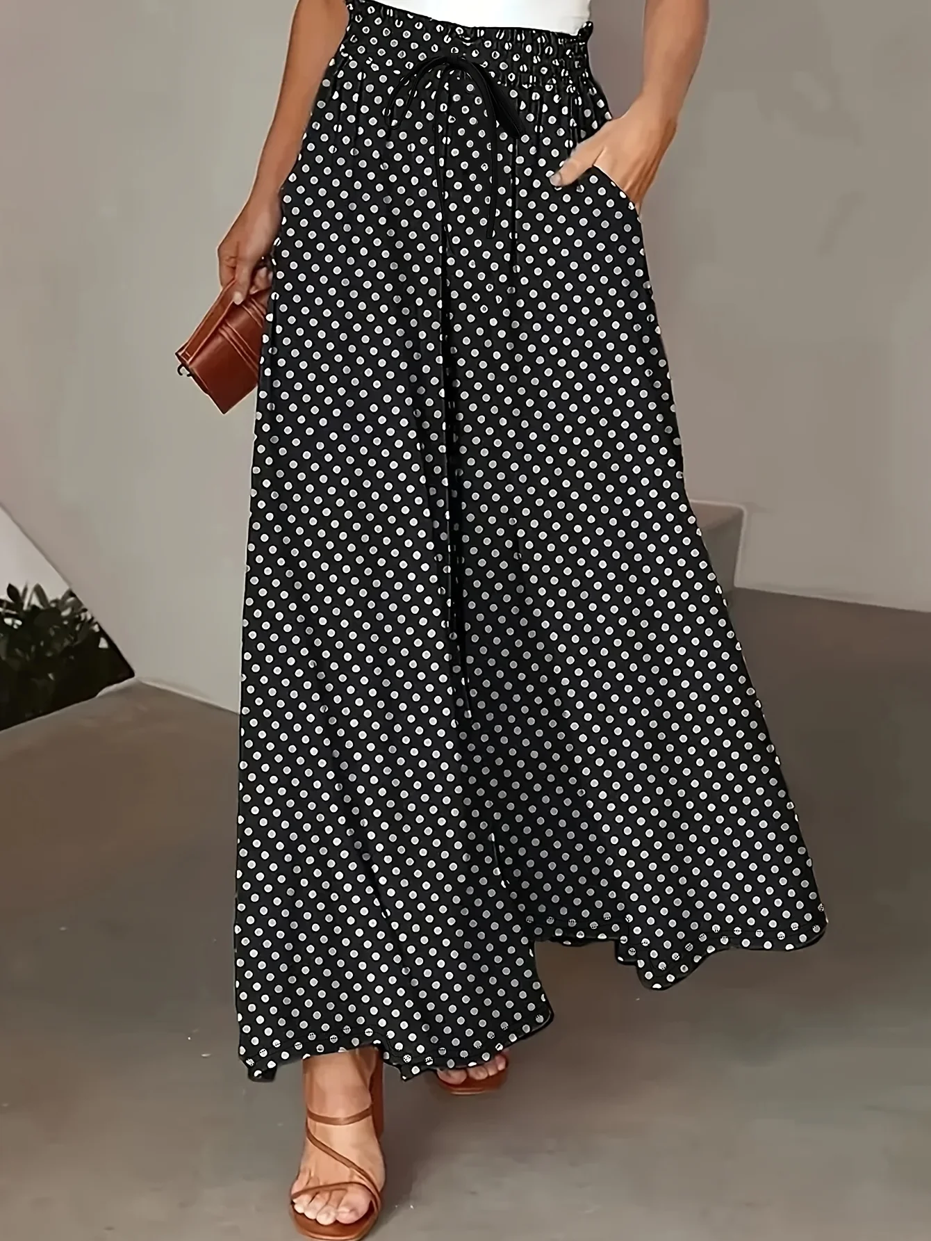 Women Plus Size Black White Polka Dot Pants High Waist Elastic Waist Drawstring Wide Leg Long Trousers Casual Pants