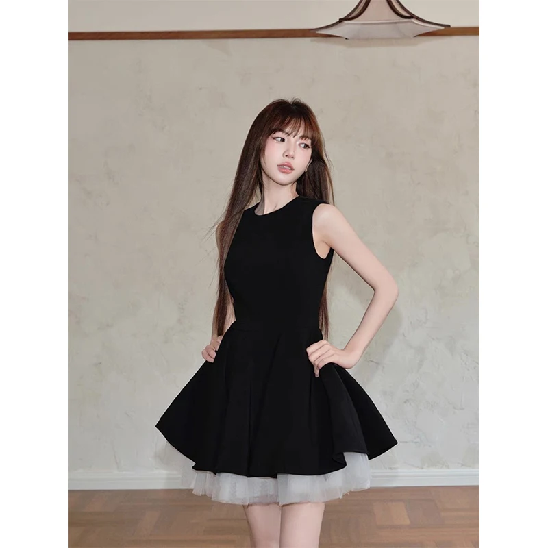 Czarna Mini Sukienka Vintage Damska Elegancka Impreza Bal Siatka Patchwork Białe Sukienki Letnie Koreańskie Bez Rękawów Obcisła Sukienka Vestidos