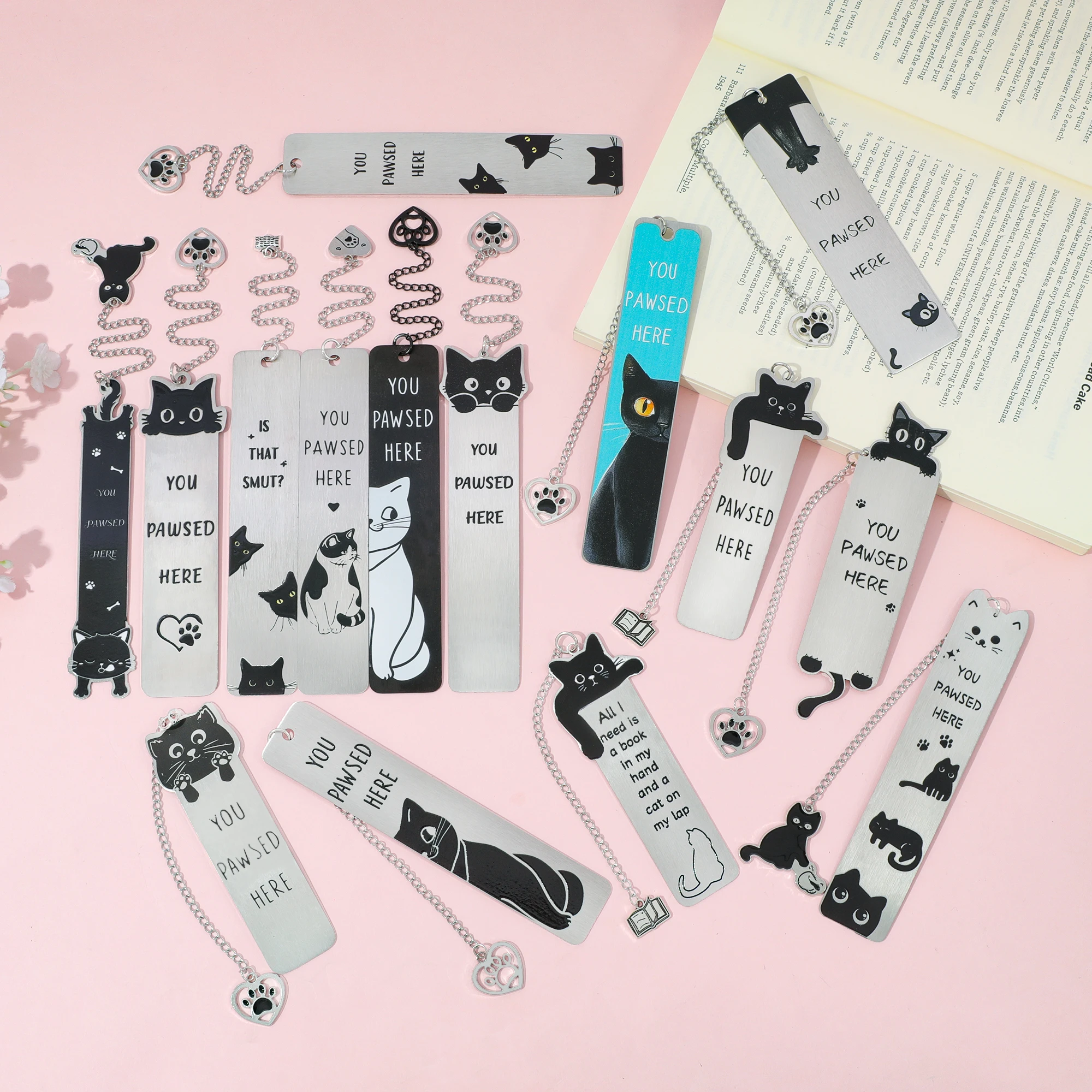 لطيف القط المعادن المرجعية مع القط باو قلادة Kawaii القراءة صفحة علامة كتاب عشاق سلسلة كتاب الملحقات هدية لمحبي القطط