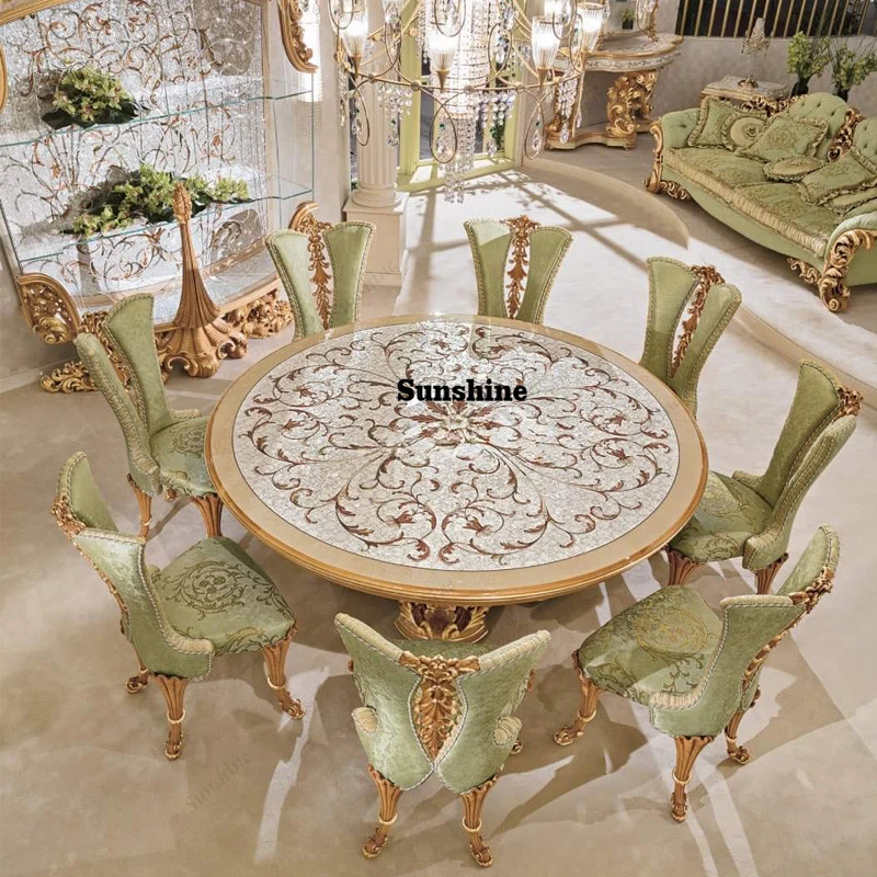

French Classical Furniture Luxury Baroque Wooden Round Dining Table Set 8 Seats Antique Restaurant Furniture Set