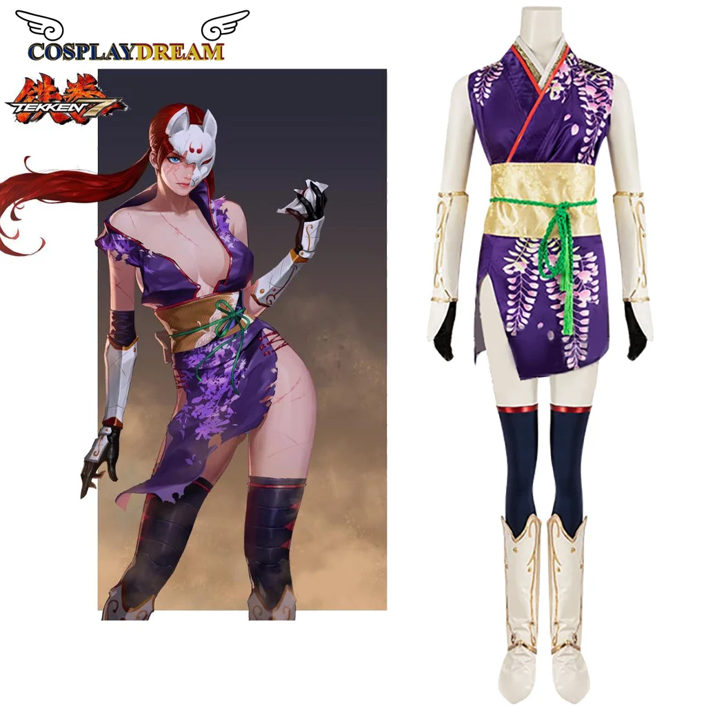 NEW!!! Tekken Tag Tournament 2 Kunimitsu Cosplay Costume Kunimitsu purple Battle Costume Set Female Sexy Cheongsam full set