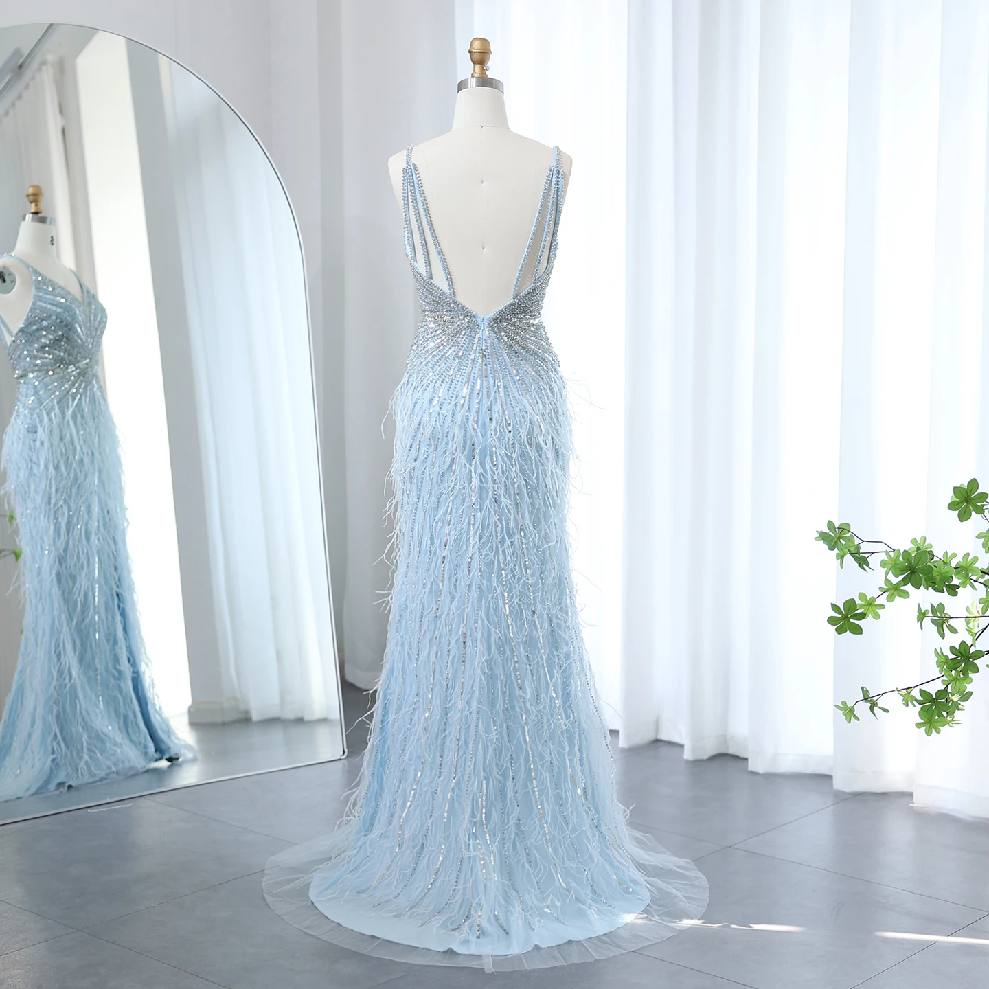 Sharon Said Dubai Luxuriöse Feder-Meerjungfrauenkleider in Silber für Hochzeiten, Blaues Arabisches Abendkleid, Partykleider SS004 Maßanfertigung – Detail 37
