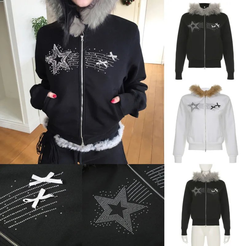 Star Bow Hot Stamping Hoodies America Casual Loose Double Zipper Cardigan Hoodie Women Autumn Winter Fur Collar Hooded Jacket