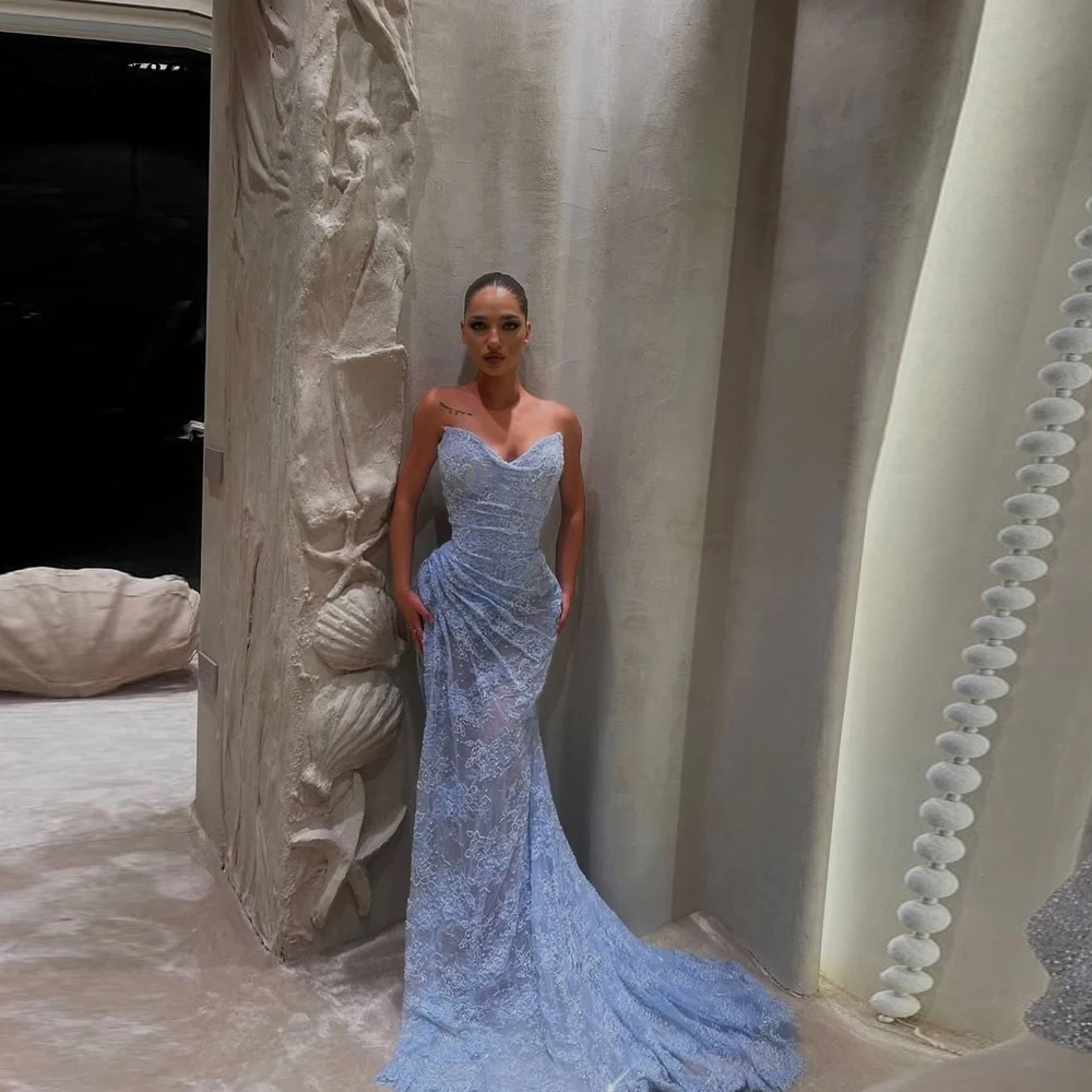 

Luxury Blue Lace Evening Dresses Strapless Mermaid Party Gown Long Formal Occasion Dresse For Women Wedding Customized