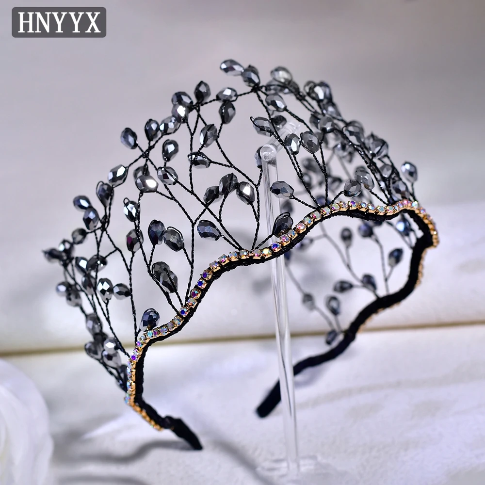 

HNYYX Luxury Gray Crystal Bead Bridal Headband Fashion Royal Crown Tiaras Headpieces Pearl Bridal Wedding Hair Accessories A298