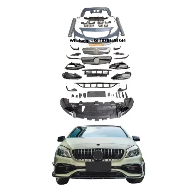 

for A-Class W176 2013-2018 Upgrade to A45 Style Car Bumper with Grille Side Skirt PP Modification Car Bodykit