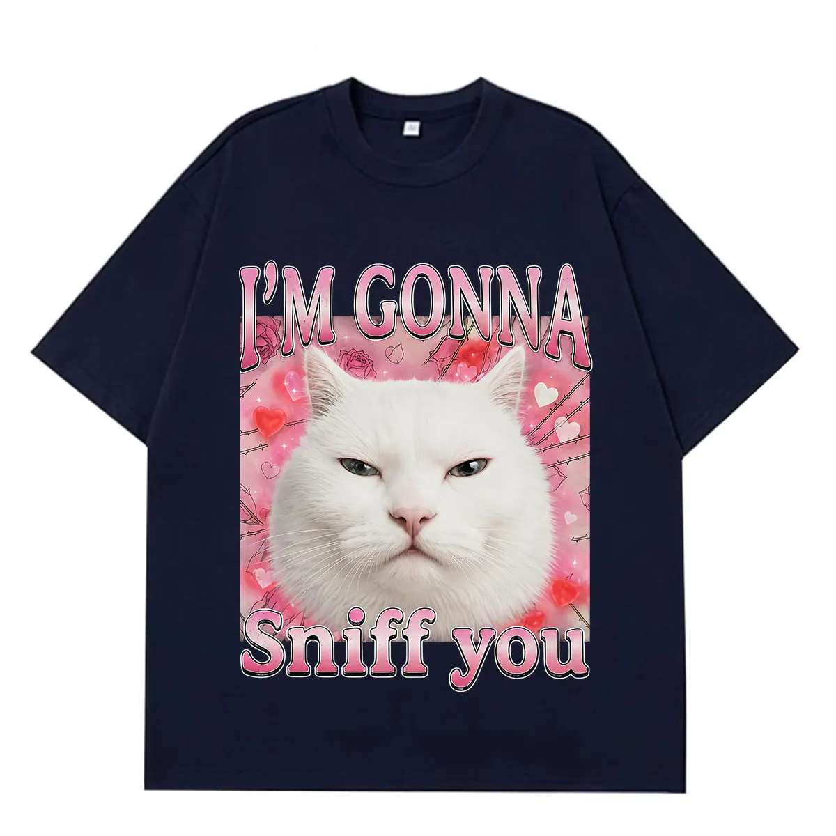 I’m Gonna Sniff You Funny Cat Meme T-shirt Men Women Aesthetic Trend T-shirts Short-sleeved Loose Casual Cotton Hip-hop T-shirt