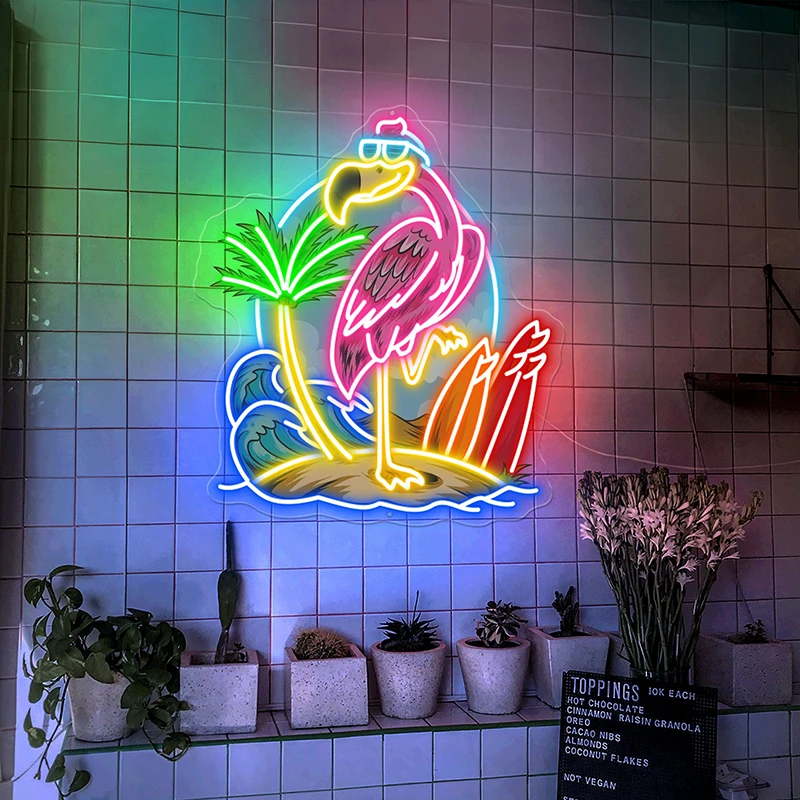 Flamingo Neon Sign Flamingo Surfing Light Hello Summer Sign Beach House Neon Sign Pool Bar Decor Palm Tree Tropical Flamingo LED