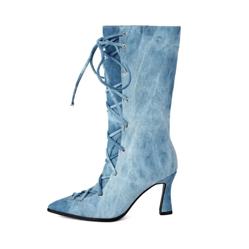 New Blue Denim Cross Strap Mid-calf Boots Autumn Winter Fashion Black 8cm High Heel Plush Warm Women's Long Boots Size 34-48 view 4