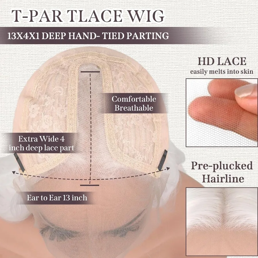 Wig sintetis lace front putih bergelombang panjang 26 inci dengan HD TPart untuk wanita, tampak alami seperti rambut manusia, desain belahan tengah, sudah dirapikan.