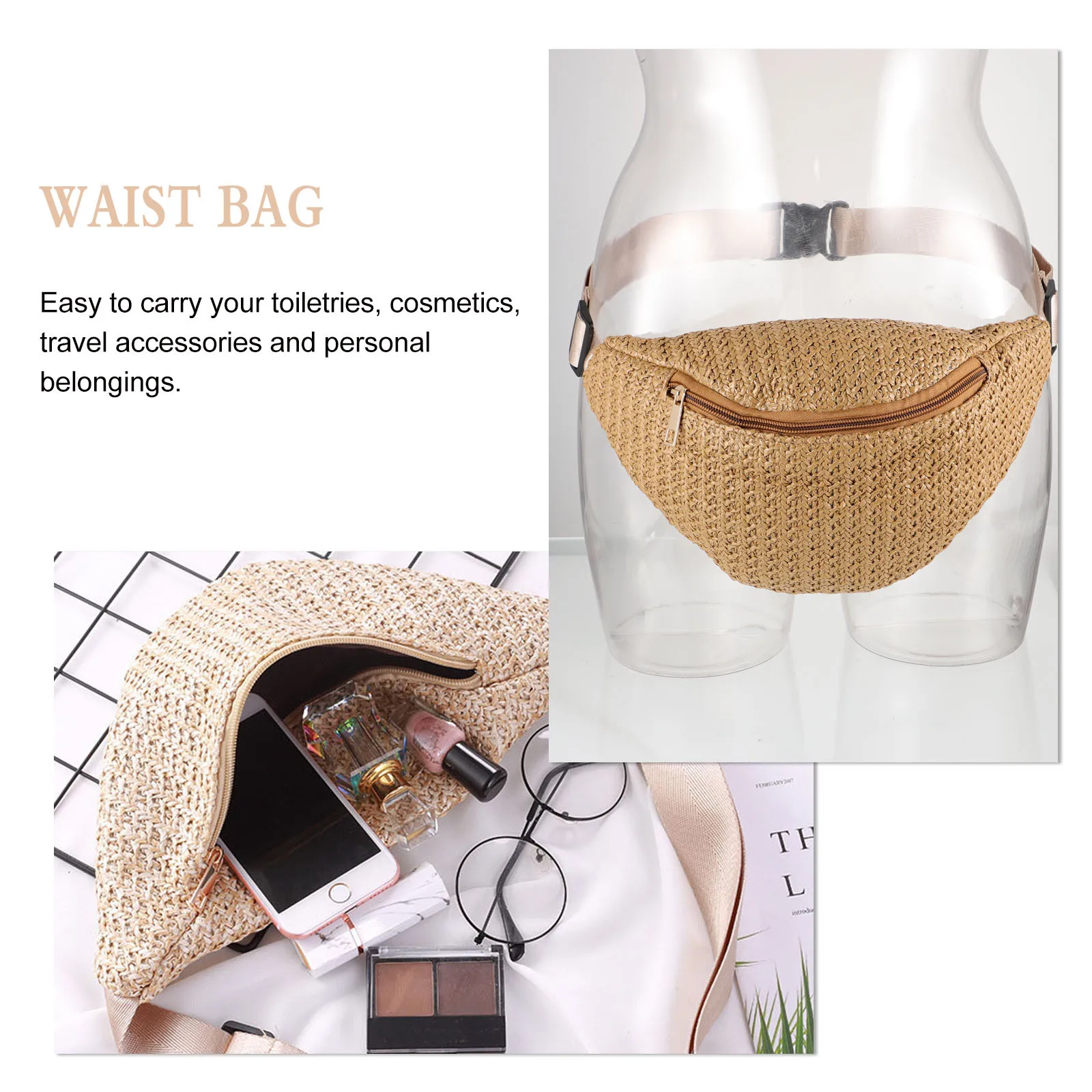 

1Pcs Summer Waist Bag Straw Mini Fanny Pack Chest Pouch Crossbody Woven Belt Bag Casual Outdoor Storage Fanny Pack